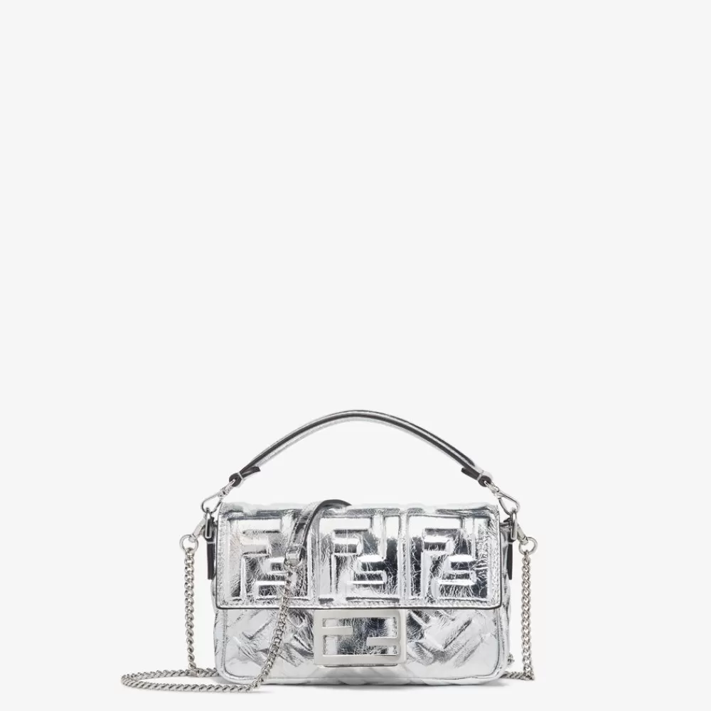 Borse A Spalla E Tracolle>Fendi Borsa In Pelle Argento Craquele Con Motivo Ff