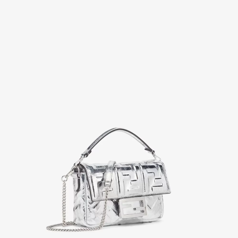 Borse A Spalla E Tracolle>Fendi Borsa In Pelle Argento Craquele Con Motivo Ff