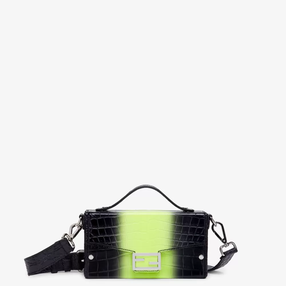 Borse A Tracolla>Fendi Borsa In Pelle Di Alligatore Nera E Giallo Fluo