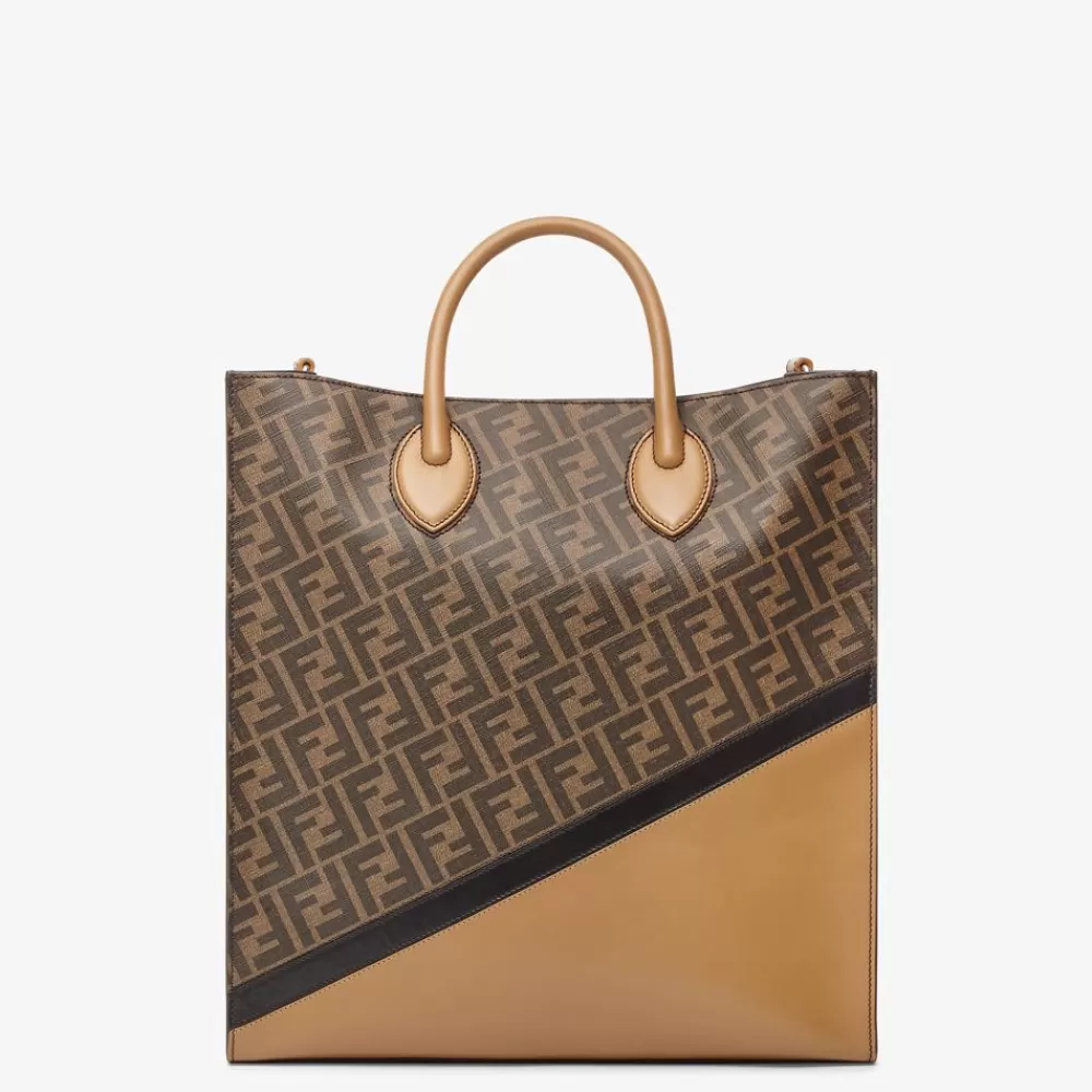 Borse Shopping>Fendi Borsa In Pelle Marrone E Tessuto Ff