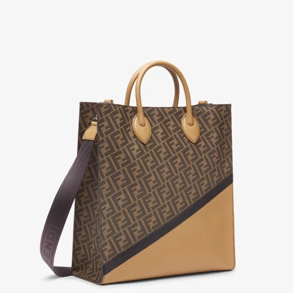 Borse Shopping>Fendi Borsa In Pelle Marrone E Tessuto Ff