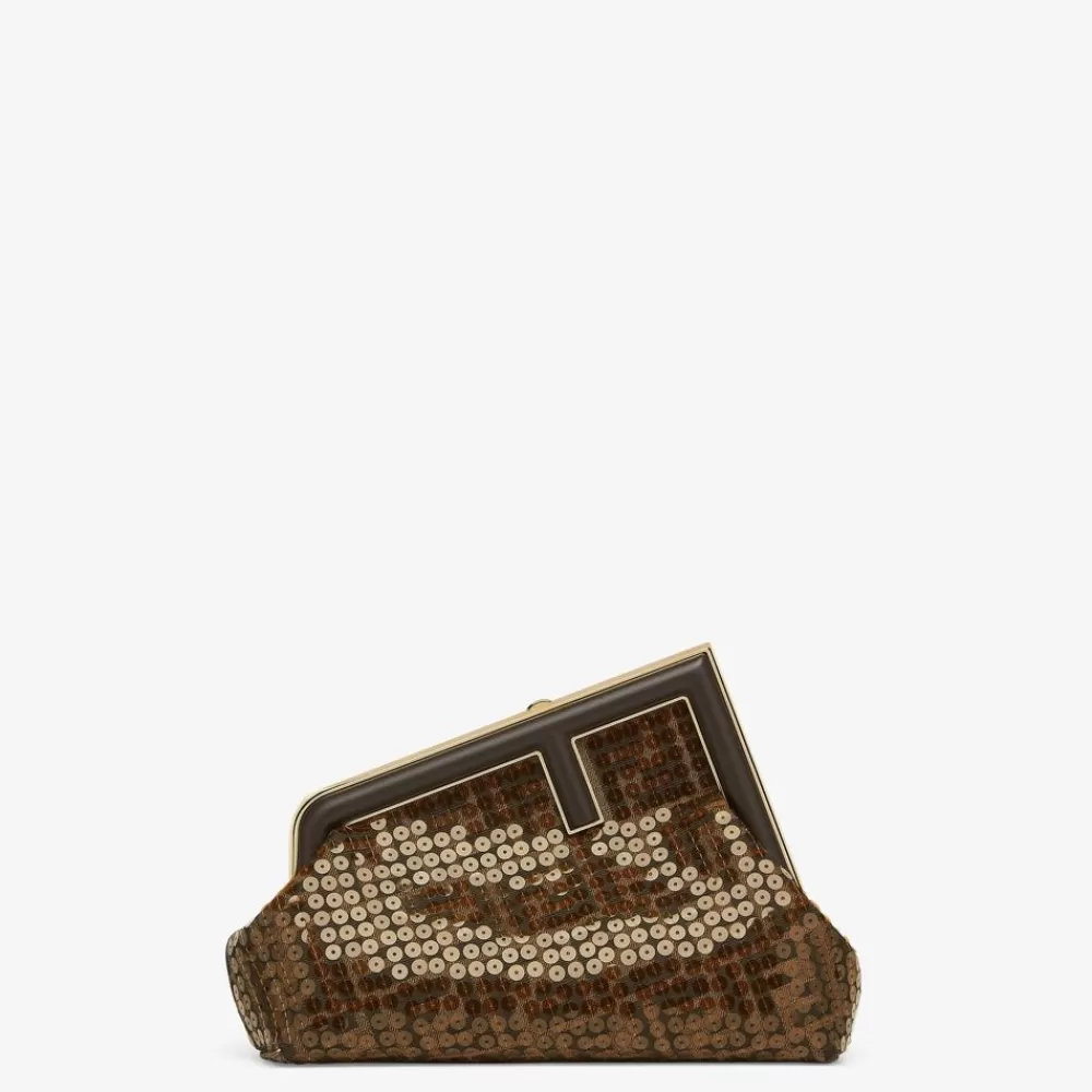 Clutch E Pochette>Fendi Borsa In Tessuto Ff Jacquard Marrone Con Paillette