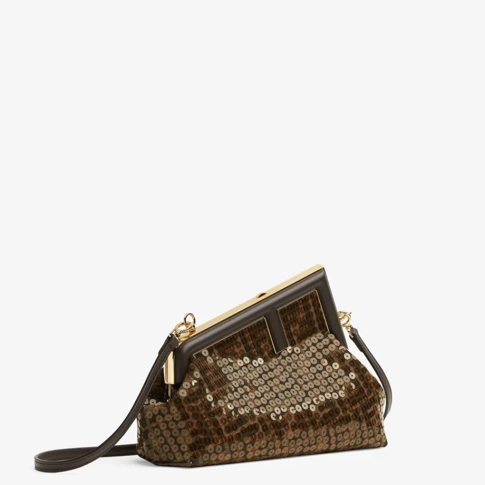 Clutch E Pochette>Fendi Borsa In Tessuto Ff Jacquard Marrone Con Paillette