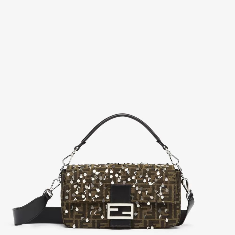 Borse A Tracolla>Fendi Borsa In Tessuto Ff Marrone E Paillette