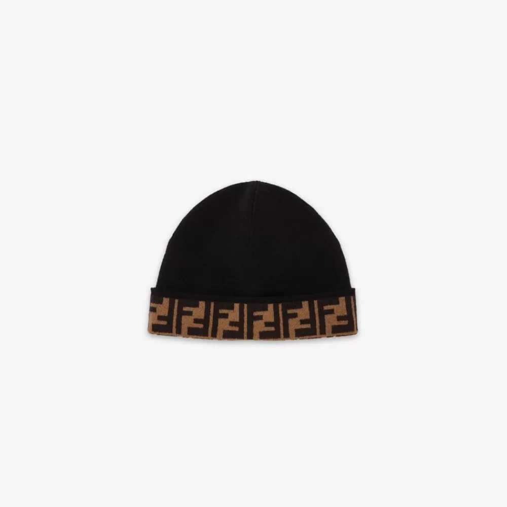 Accessori>Fendi Cappello Junior In Maglia Reversibile Nero E Tabacco