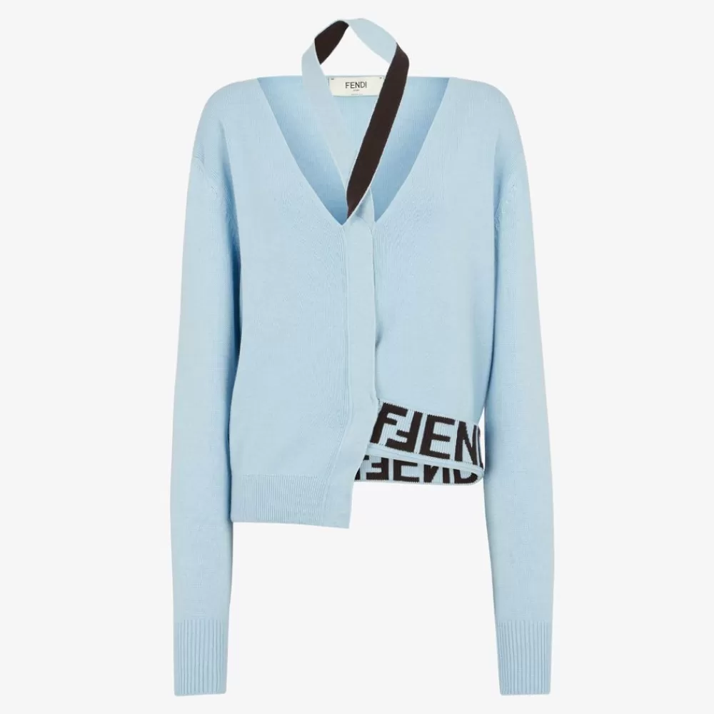 Maglieria>Fendi Cardigan In Cashmere E Lana Azzurra