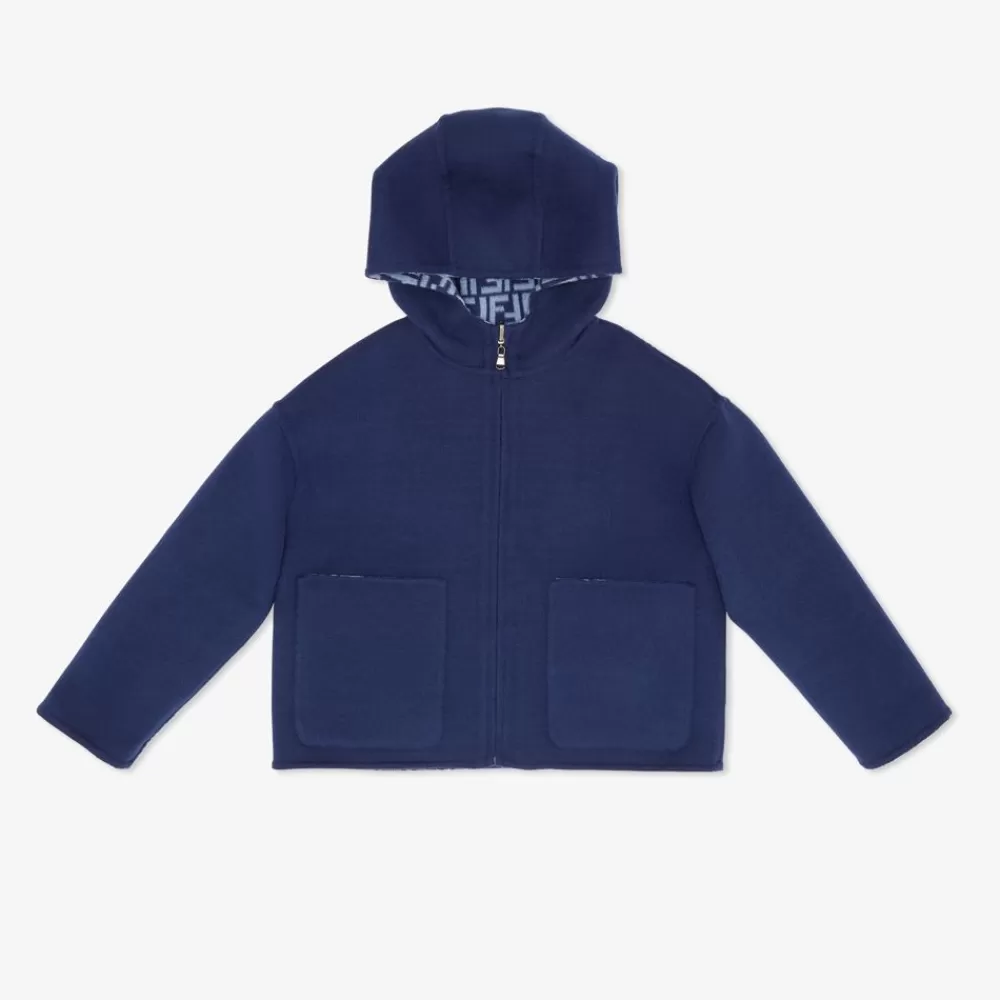 Abbigliamento>Fendi Giacca In Panno Di Lana Doppia Blu E Logo