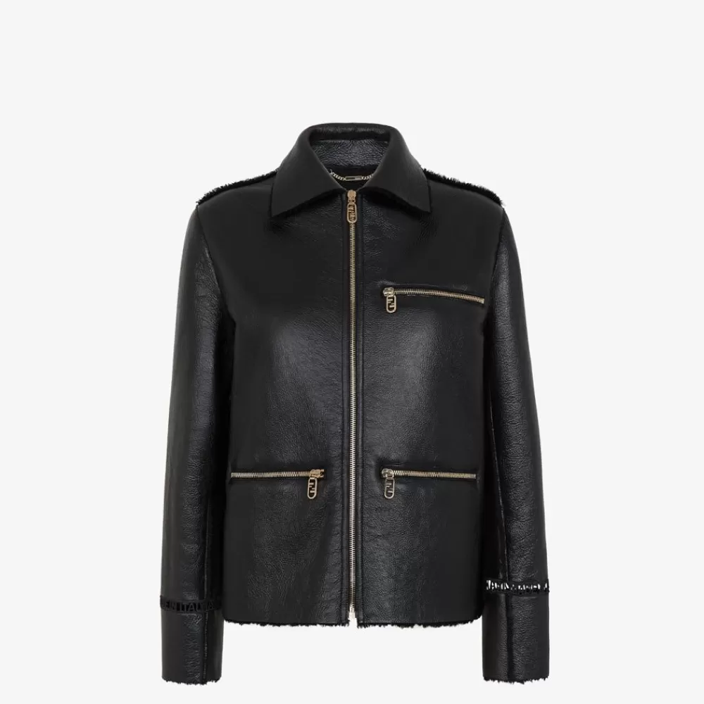 Cappotti E Capispalla>Fendi Giacca In Pelle Nera E Shearling