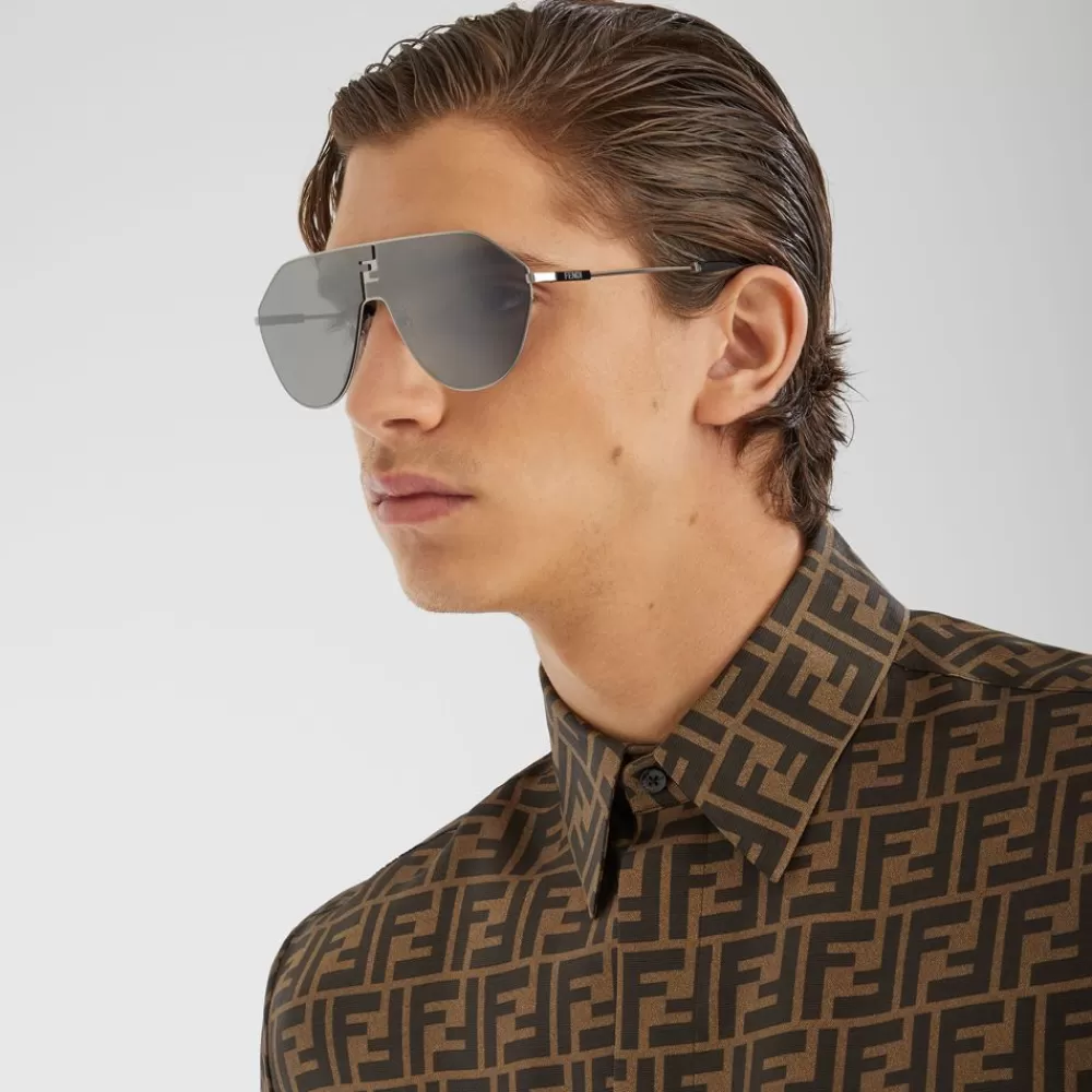 Occhiali>Fendi Occhiali Da Sole In Metallo Rutenio E Lenti Grigie A Specchio