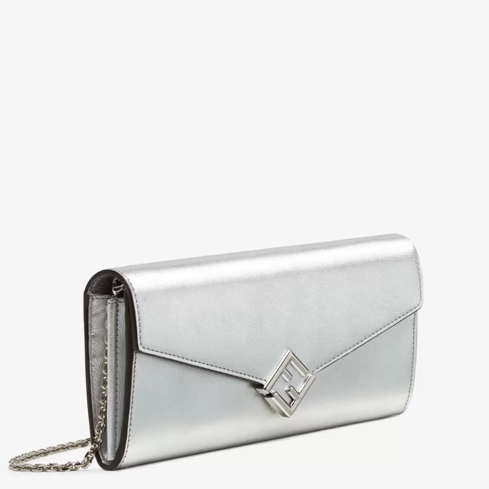 Portafogli Con Catena>Fendi Portafoglio In Pelle Laminata Argento