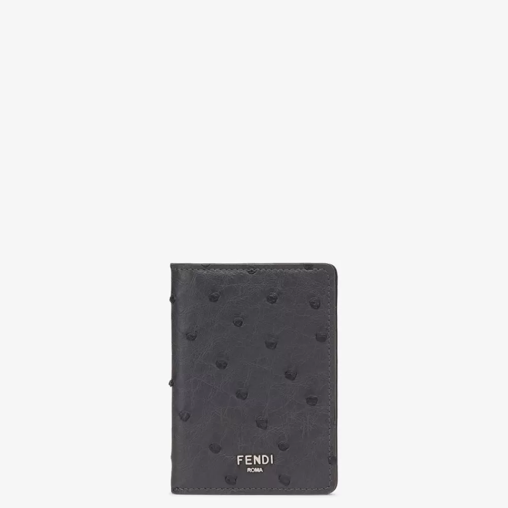 Portacarte>Fendi Portatessere In Struzzo Grigio