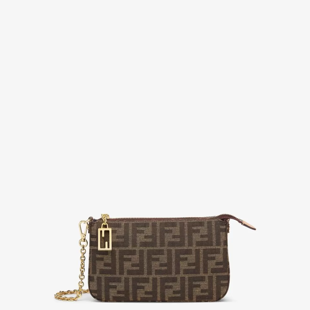 Clutch E Pochette>Fendi Pouch Con Catena In Tessuto Ff Jacquard Marrone