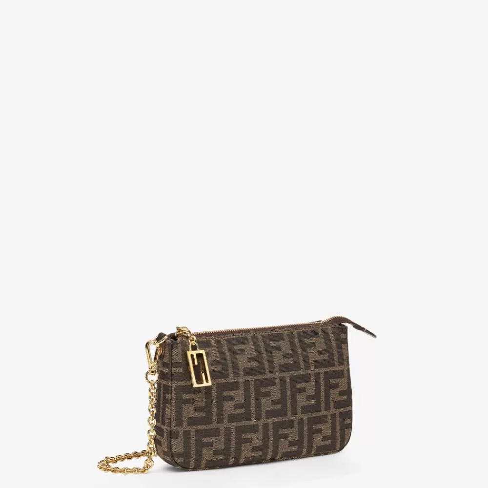 Clutch E Pochette>Fendi Pouch Con Catena In Tessuto Ff Jacquard Marrone