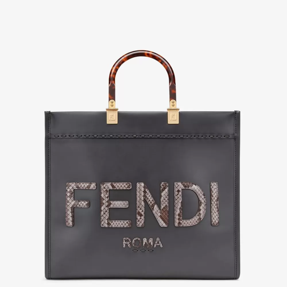 Pelli Pregiate>Fendi Shopper In Pelle Grigio Scuro Ed Elaphe