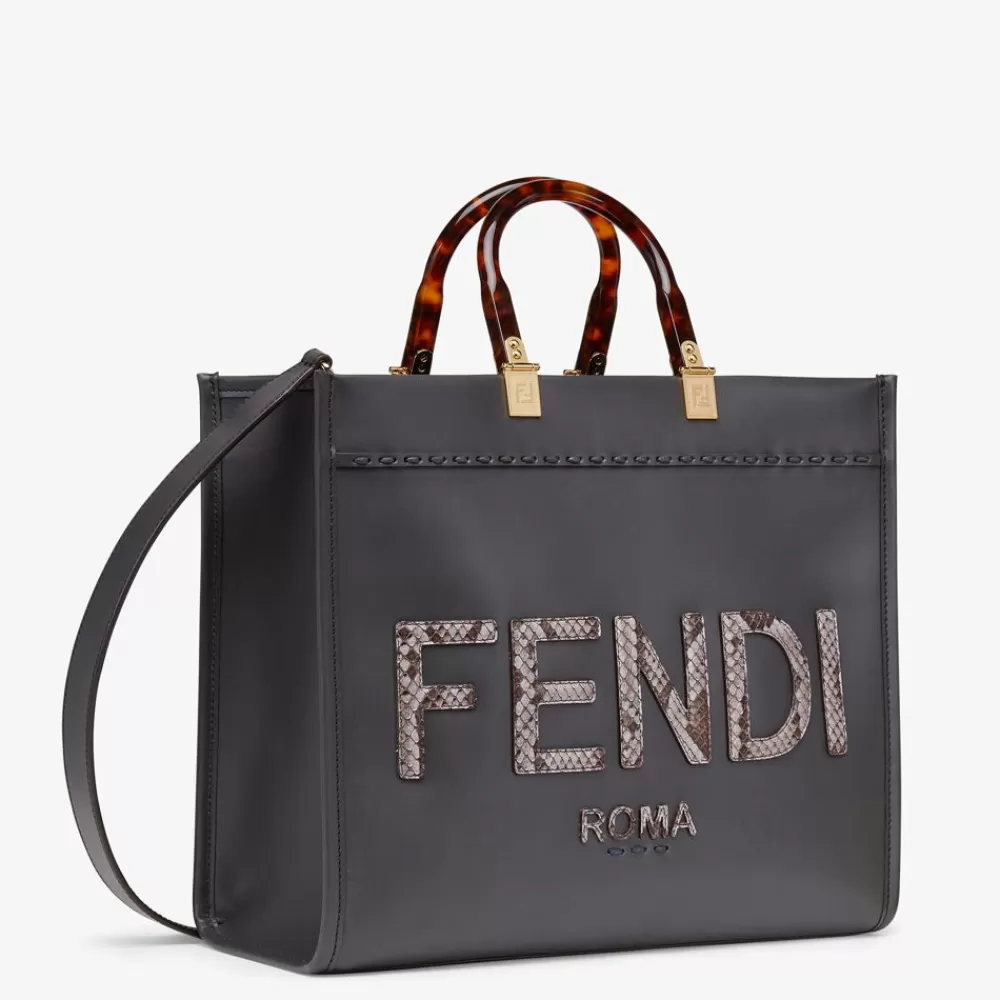 Pelli Pregiate>Fendi Shopper In Pelle Grigio Scuro Ed Elaphe