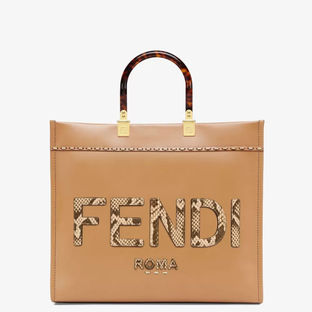 Pelli Pregiate>Fendi Shopper In Pelle Marrone Chiaro Ed Elaphe
