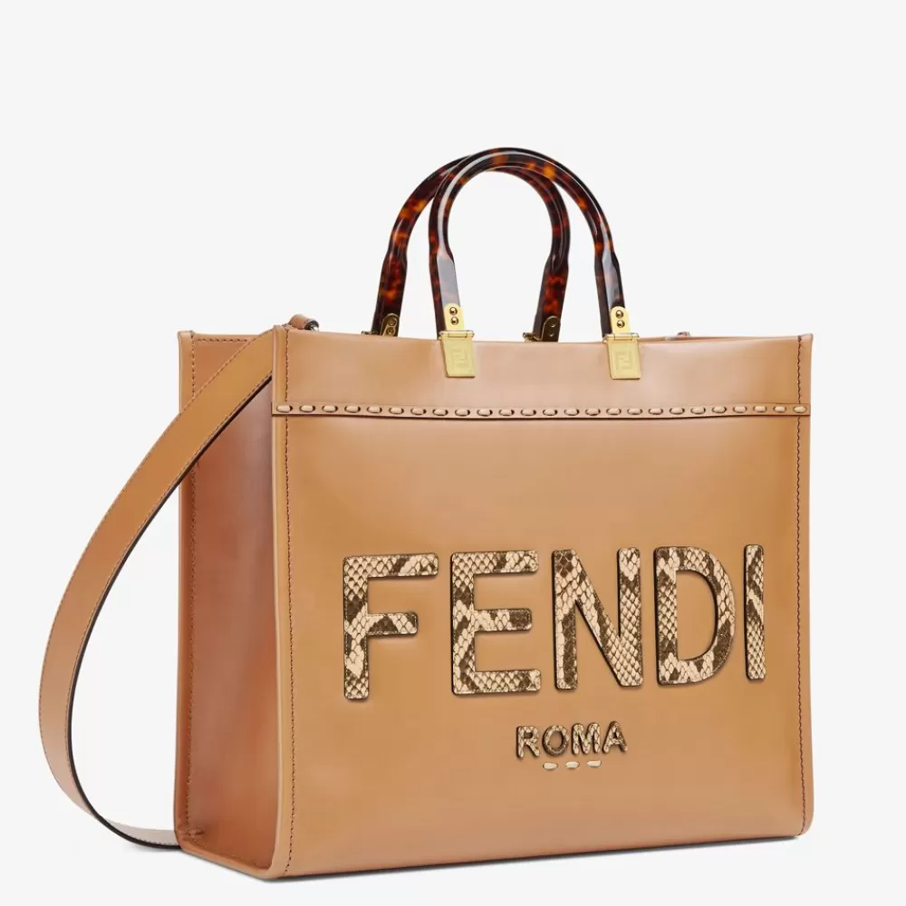 Pelli Pregiate>Fendi Shopper In Pelle Marrone Chiaro Ed Elaphe
