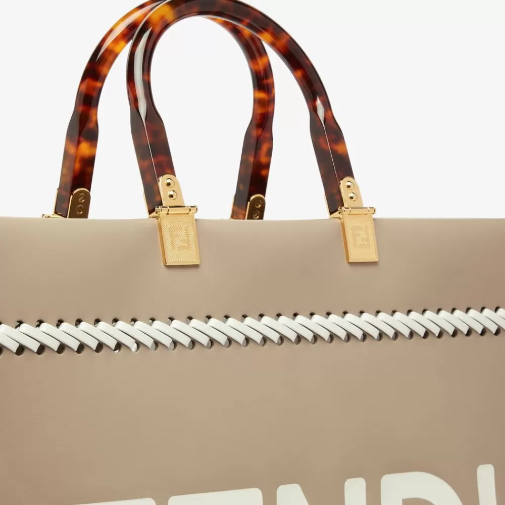 Borse Tote>Fendi Shopper In Pelle Tortora Con Infilature A Contrasto