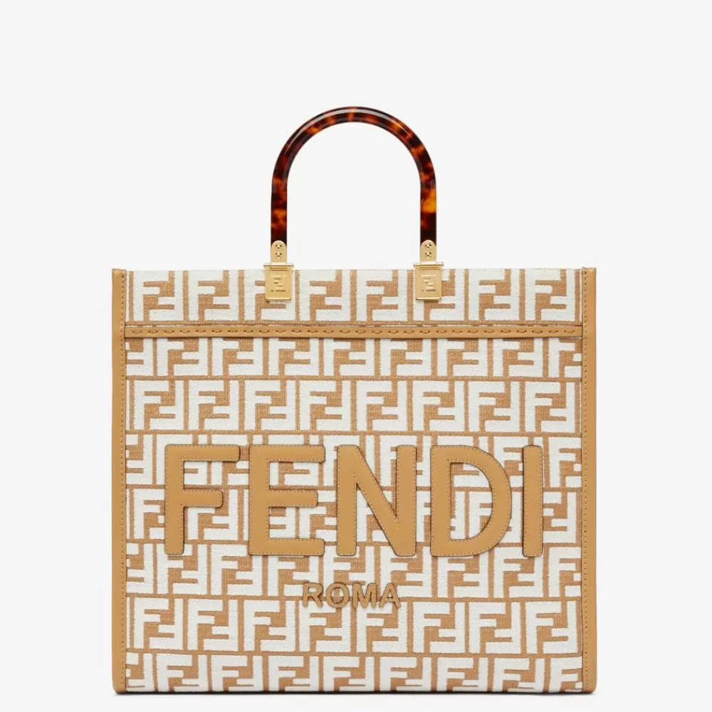 Borse Tote>Fendi Shopper In Rafia Con Motivo Ff In Tessuto Tapestry Bianco