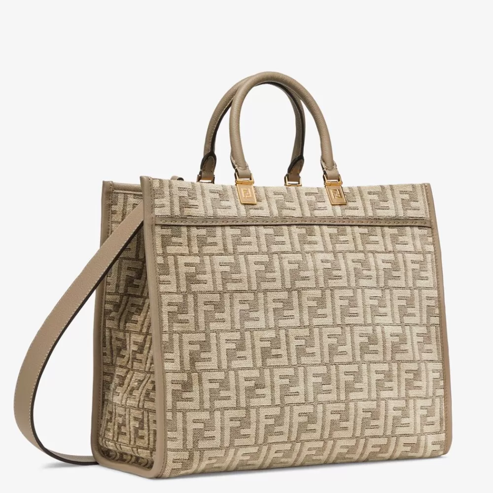 Borse Tote>Fendi Shopper In Tessuto Tapestry Tortora Con Motivo Ff