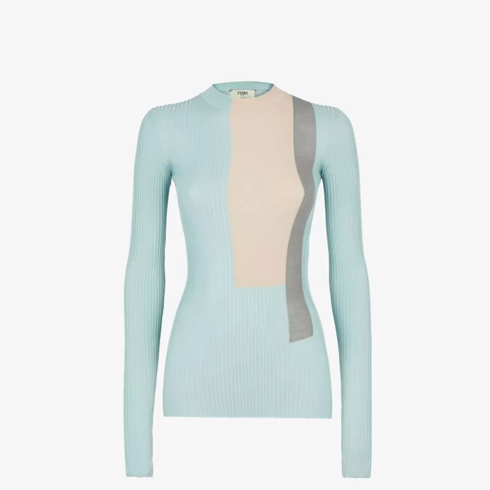 Maglieria>Fendi Top In Seta E Viscosa Azzurra