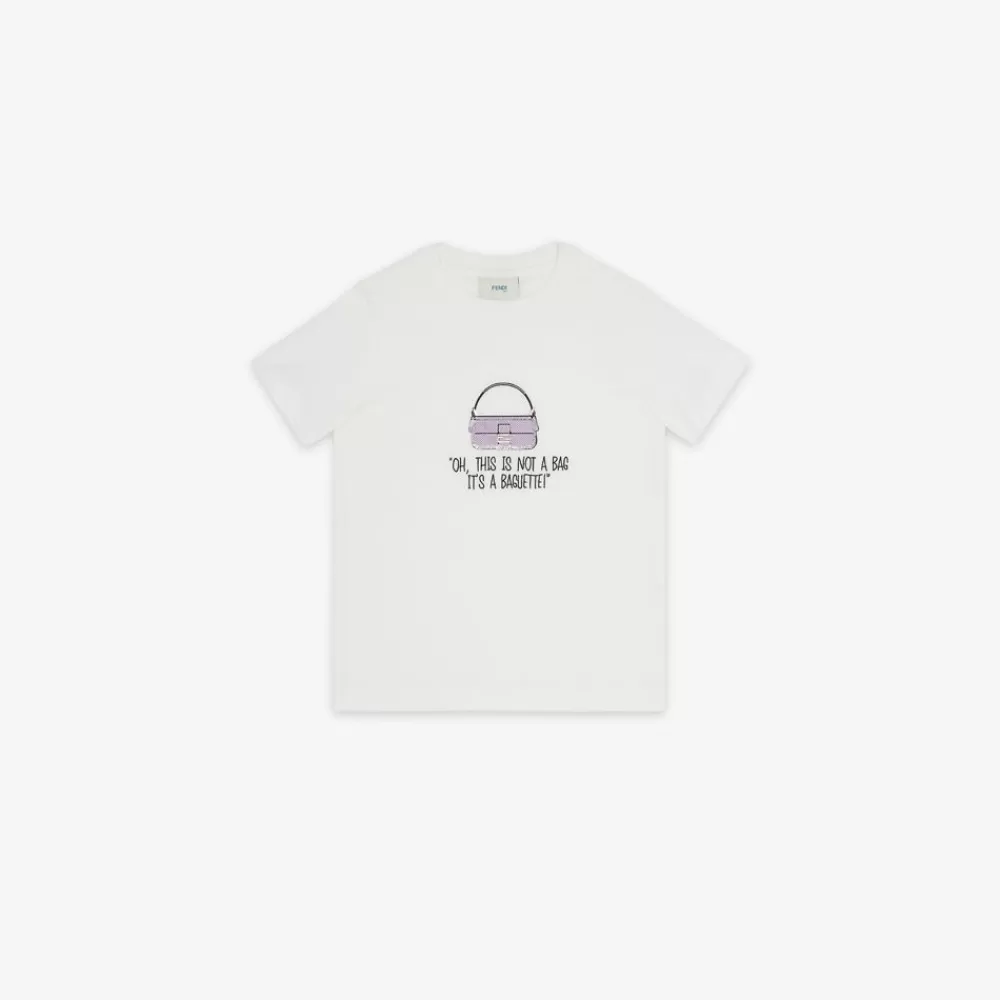 Abbigliamento>Fendi T-Shirt Junior In Jersey Bianco Con Ricamo