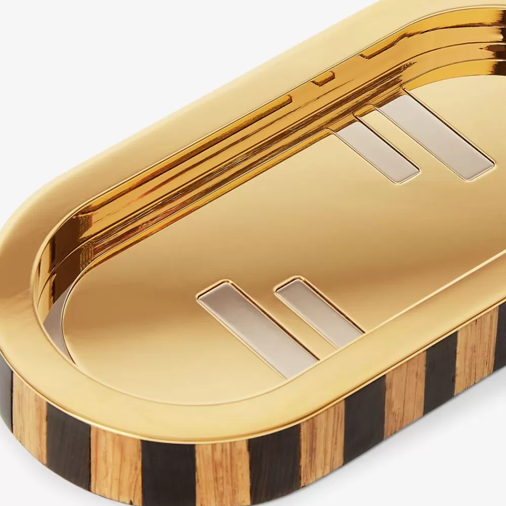 Accessori Per La Casa>Fendi Vassoio In Legno Pequin E Metallo Color Oro
