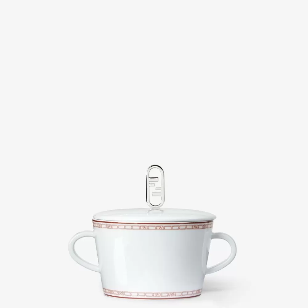 Accessori Per La Tavola>Fendi Zuccheriera In Porcellana Bianca E Rosso Mattone