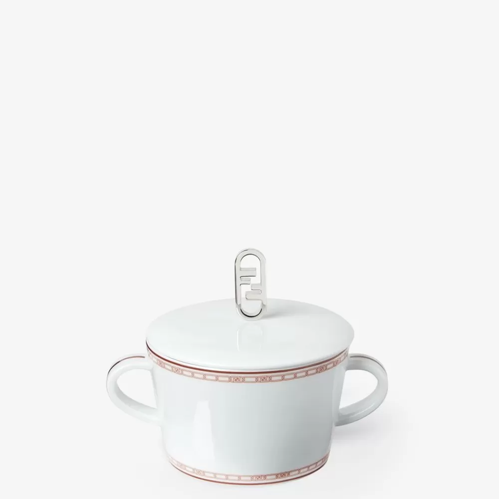 Accessori Per La Tavola>Fendi Zuccheriera In Porcellana Bianca E Rosso Mattone